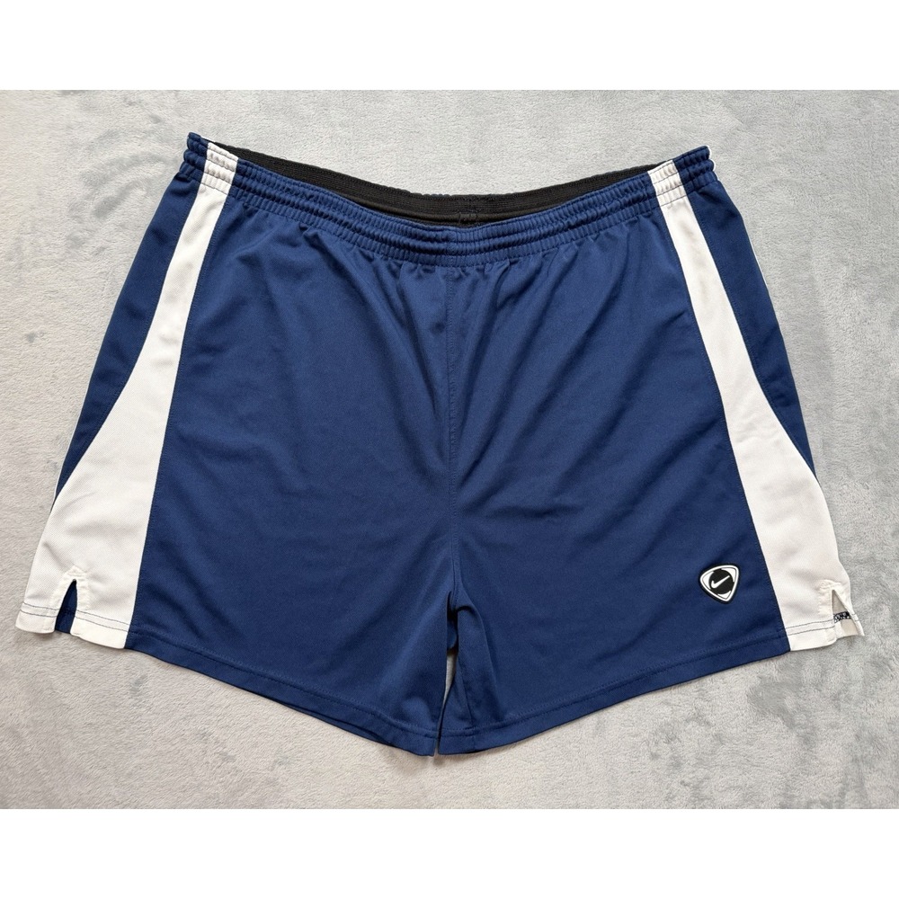 VTG Nike Soccer Shorts Mens XL Navy Blue Athletic Swoosh Gray Logo Retro Y2K 90s
